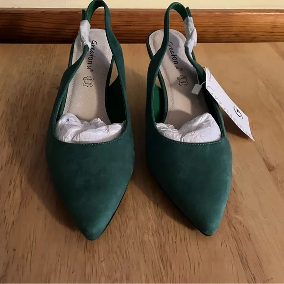 New Women’s heels, pumps, slingback shoes. Greatonu brand. Green faux suede. - Picture 10 of 11